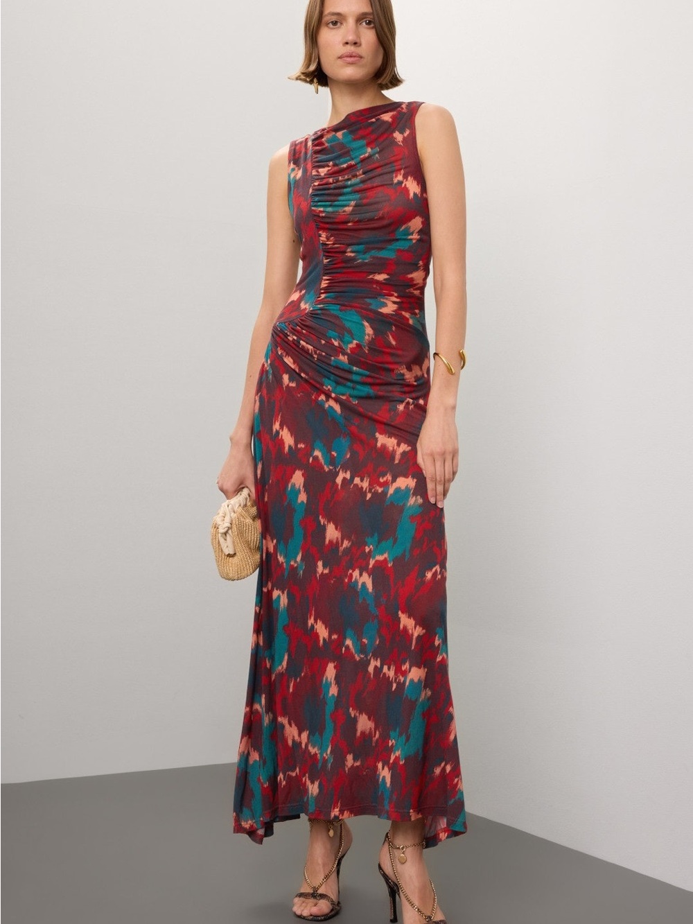 Sleeveless Ruched Maxi Dress in Multicolor Abstract Print